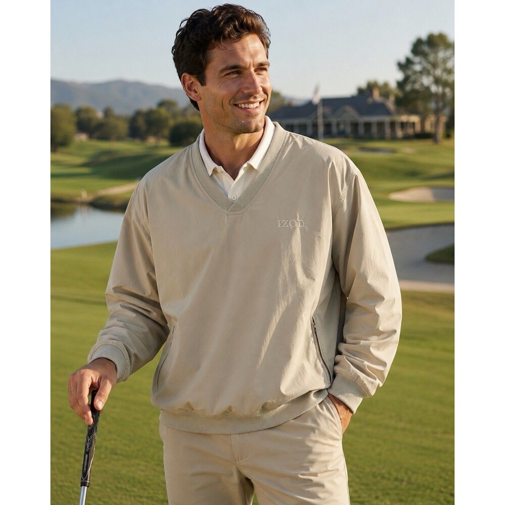 IZOD Mens XL Beige Pullover Windbreaker Jacket V Neck Zipper Pockets Golf